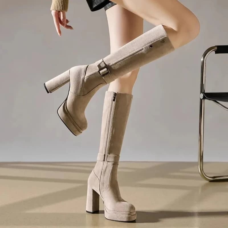 Women's Long Tube Boots Thick Bottom High Heels Fall Winter Fashion Boots Round Toe Side Zipper Korean Style Boots