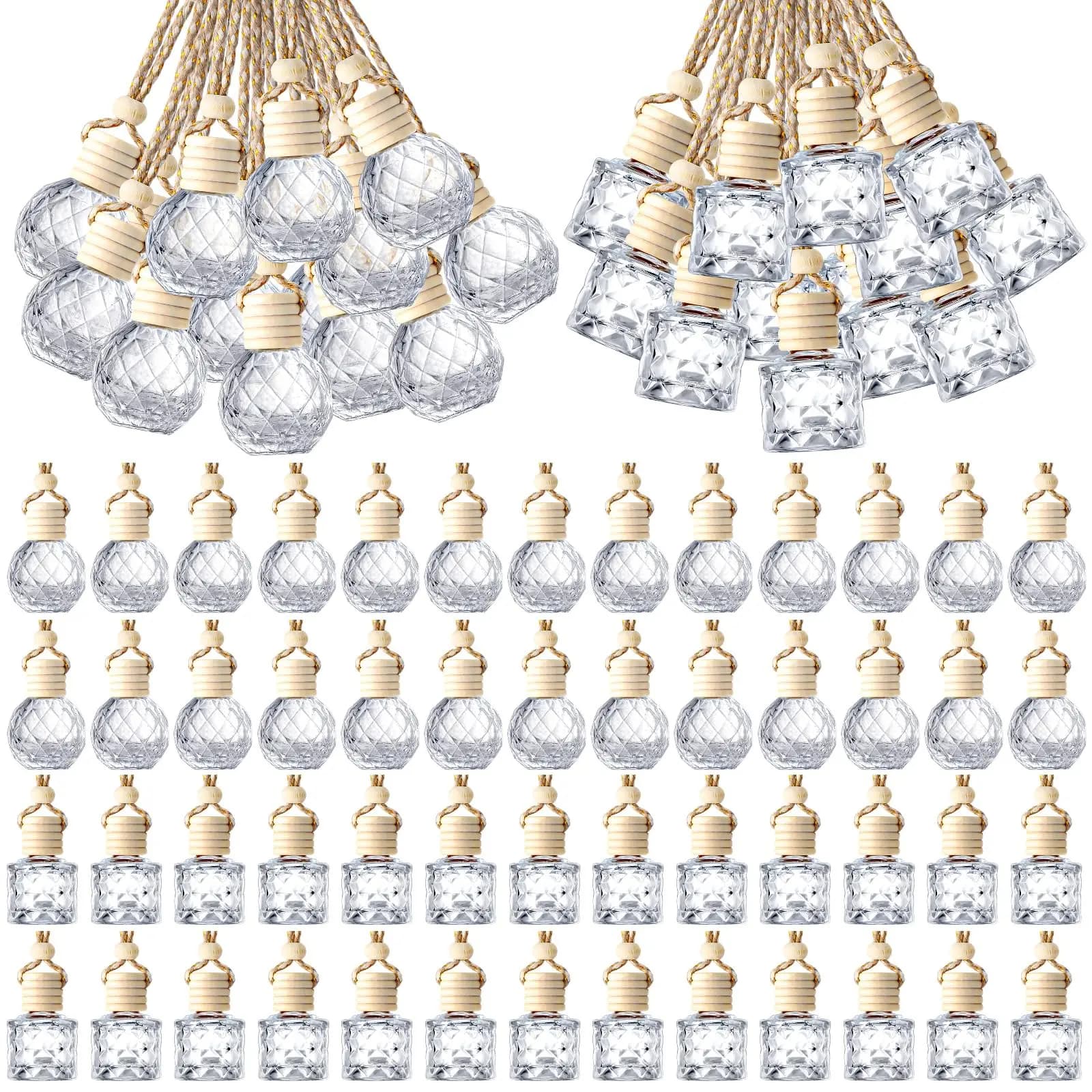 200 Pezzi di Bottiglie Diffusori per Auto da Appendere, Vuote, in Vetro, Rotonde, a Forma di Diamante, con Tappo in Legno per Oli Essenziali e Profumi