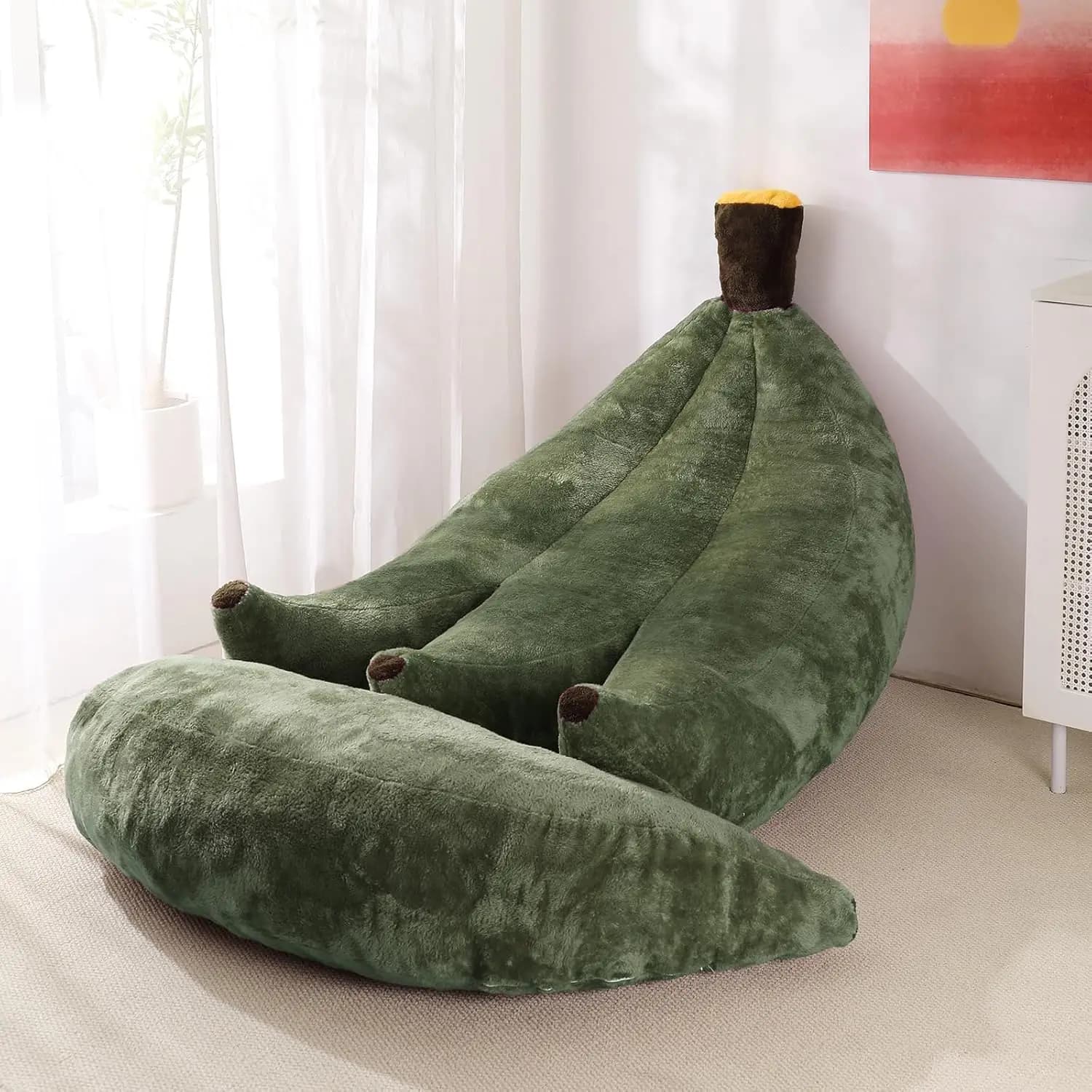 Poltrona a sacco Banana con poggiapiedi, divano letto convertibile e poggiapiedi per soggiorno, camera da letto o dormitorio in verde scuro