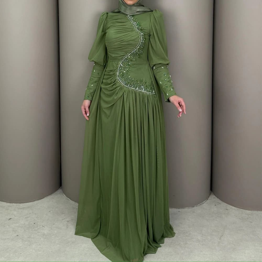 Abito da sera Abiye in rilievo personalizzato 2026 Abito formale Hijab con maniche a lanterna a cilindro alto Pieghettato A Line Abiti da ballo musulmani in chiffon