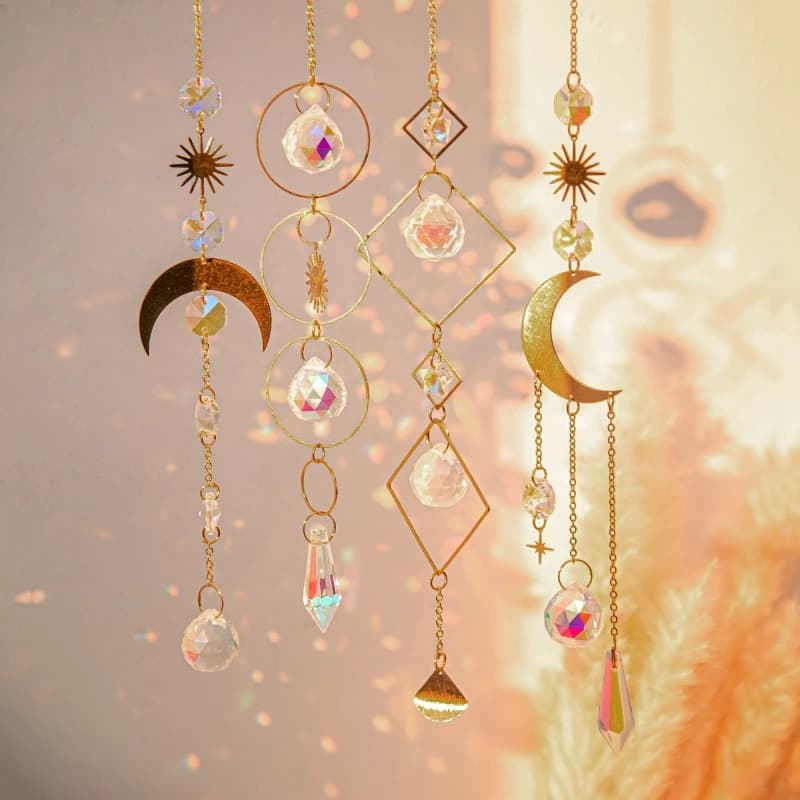 4PCS Crystal Suncatcher Moon Star Rainbow Sun Catcher Wind Chime Pendant Sun Catcher Pendants Outdoor Garden Yard Hanging Decor