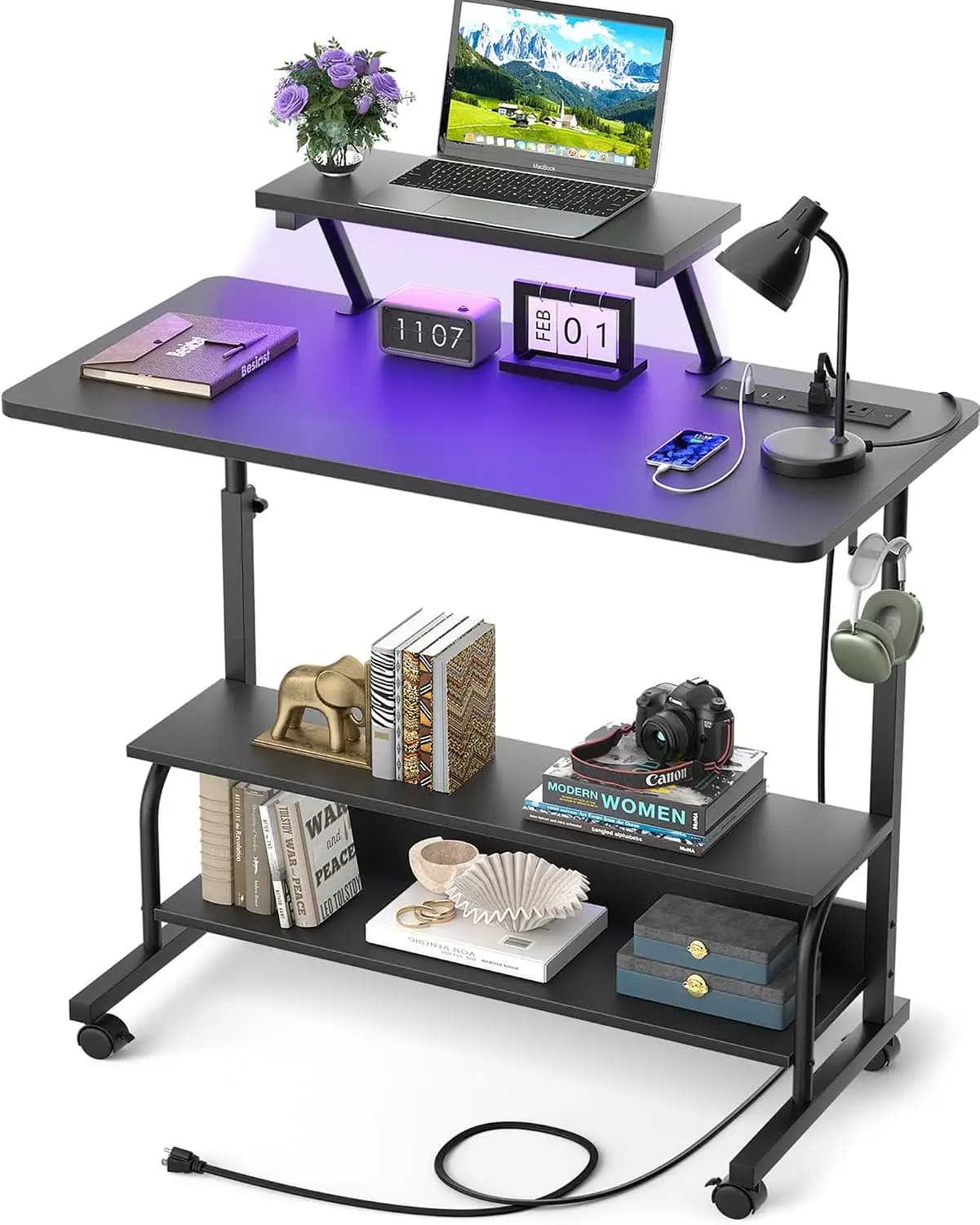 Height Adjustable Standing Desk with Power Outlets and LED Lights - 32" Manual Stand Up Desk with Monitor Stand and Storage Shelves Small Mobile Rolling Computer Desk, Black