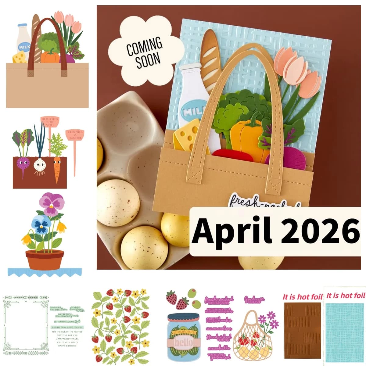 Set of metal stamps for cutting, transparent stamps, stencils with berries and hot foil for creating DIY tickets and scrapbooking - Collection April 2026 Market Tote Pansy Seed
