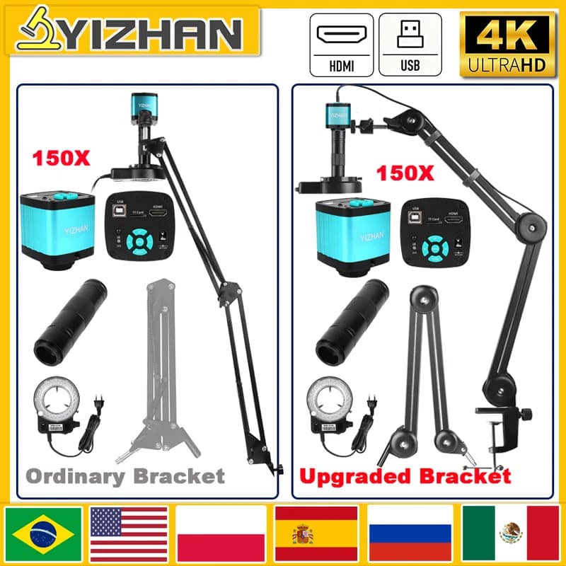 Electronic digital microscope with YIZHAN 150X zoom lens, 4K 48MP HD welding camera, HDMI USB IMX327, microscope tools, ring light, folding support, PCB repair