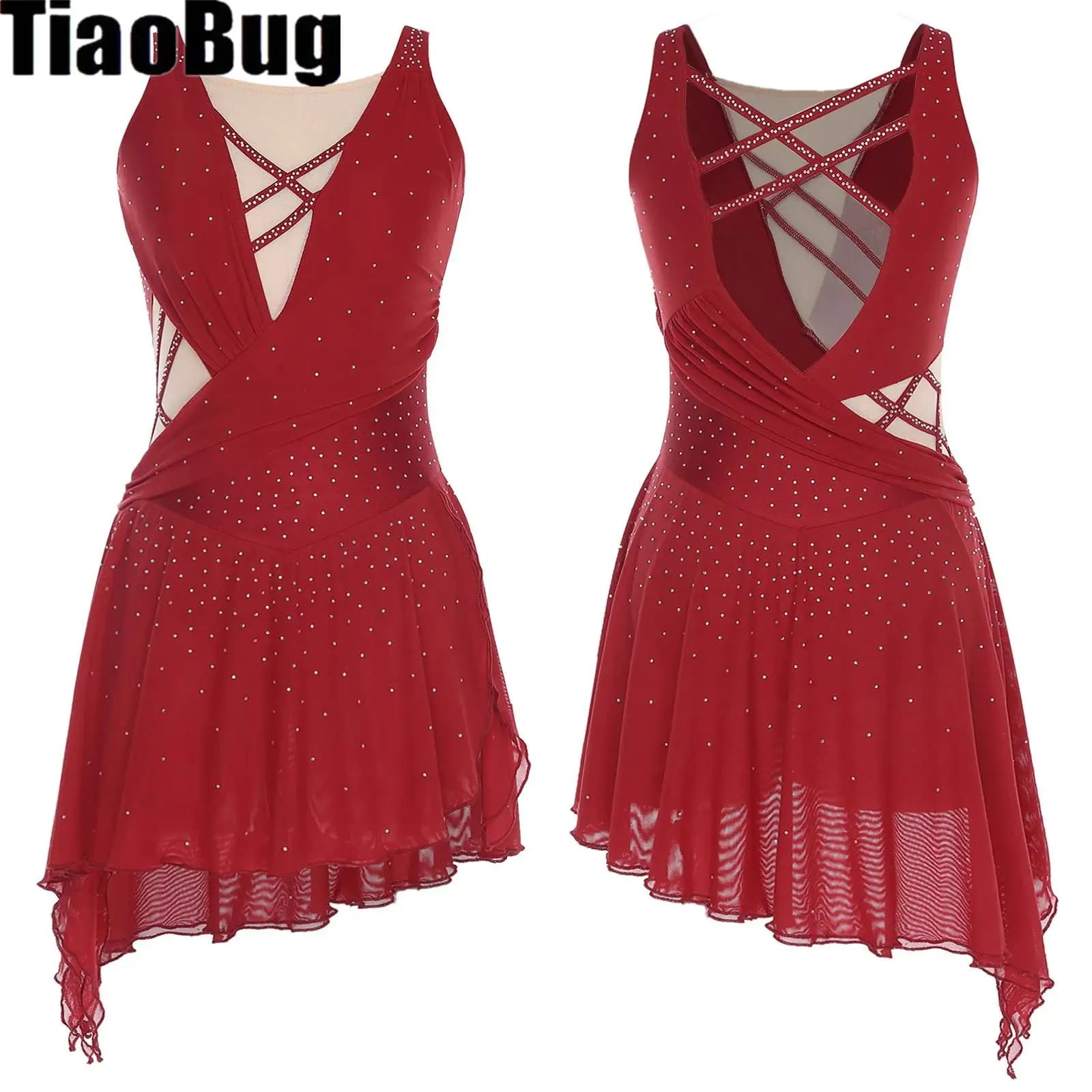 Body da balletto da donna Vestito da ballo lirico Strass Spacco laterale senza schienale Orlo asimmetrico Danza moderna Prestazioni di pattinaggio di figura