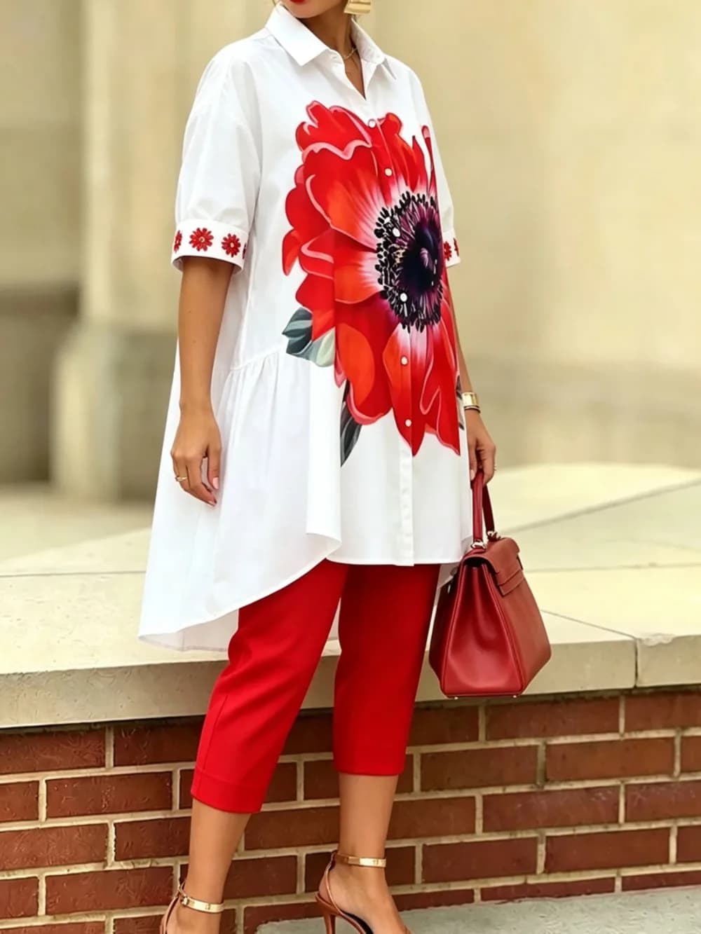 Women's Vintage Floral 2 Piece Set Turndown Collar Short Sleeve Single Breasted Shirt Solid Red Slim Capri Pants Casual Outfit