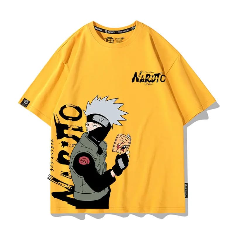 T-shirt per bambini gialla con stampa anime Naruto, coordinata genitore-figlio, in cotone, a maniche corte, alla moda