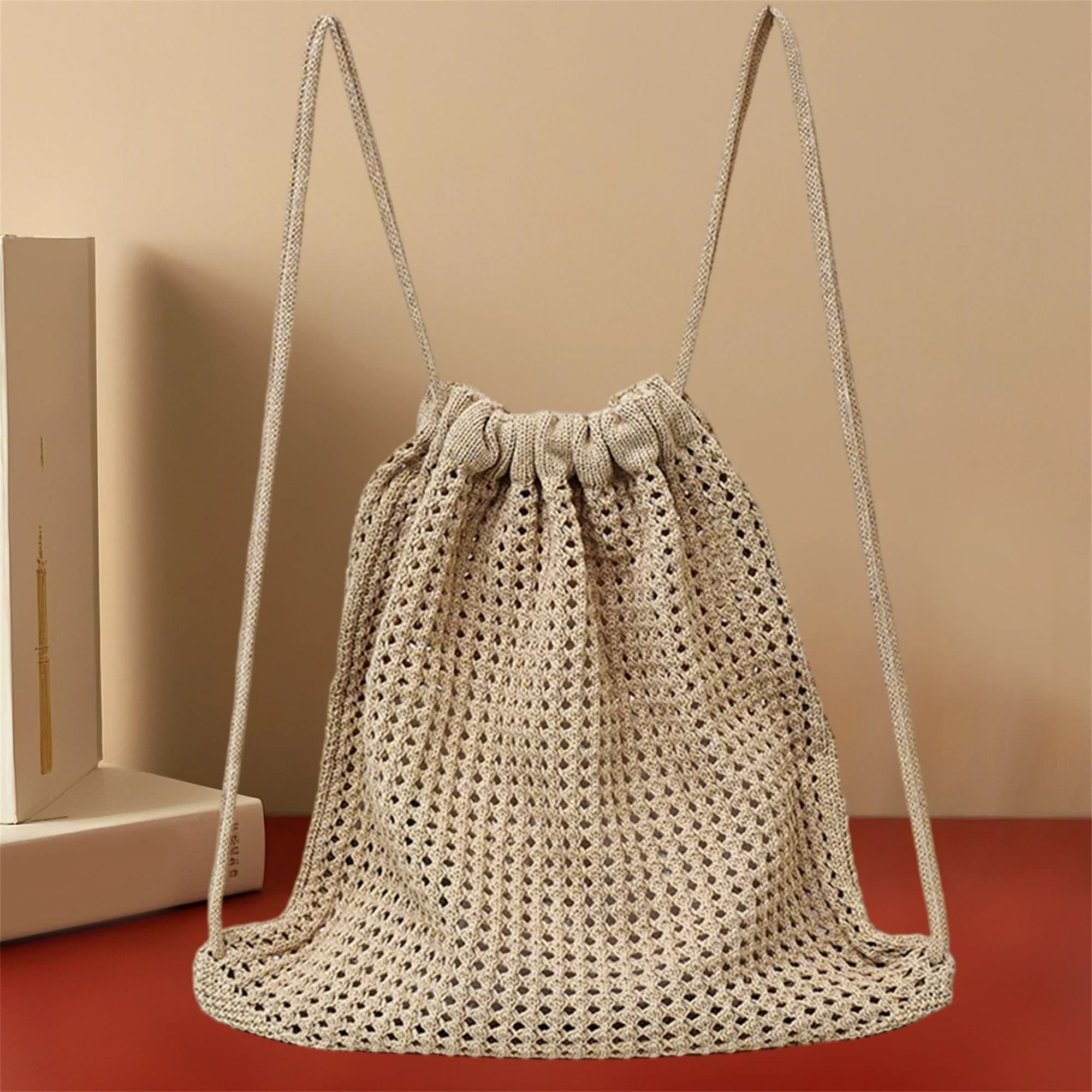 Handmade beach backpack with crochet coulisse with dug design for sports excursions and travel - Elegant gym bag