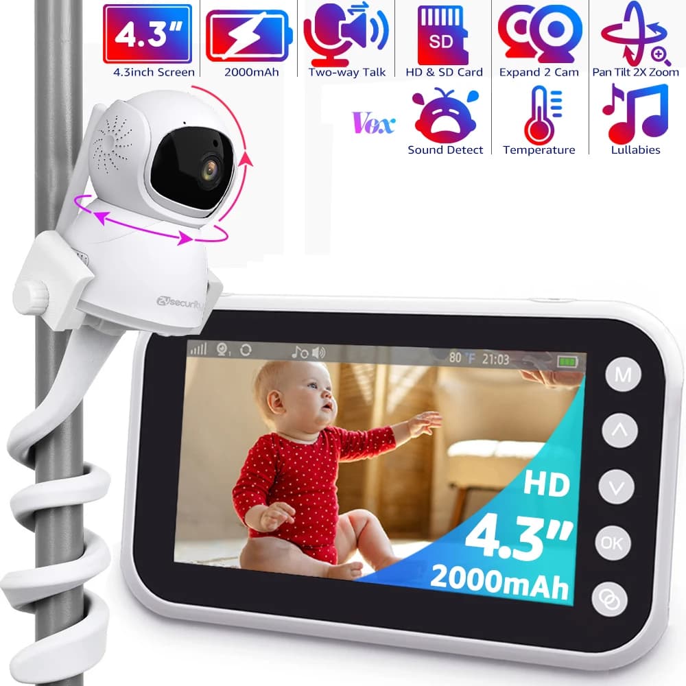 Baby monitor da 4,3" con fotocamera Pan-Tilt-Zoom Babyphone HD No WiFi Batteria da 2000 mAh a lunga durata Videocamera mobile per bambini Conversazione a 2 vie Scheda SD per visione notturna - Con supporto