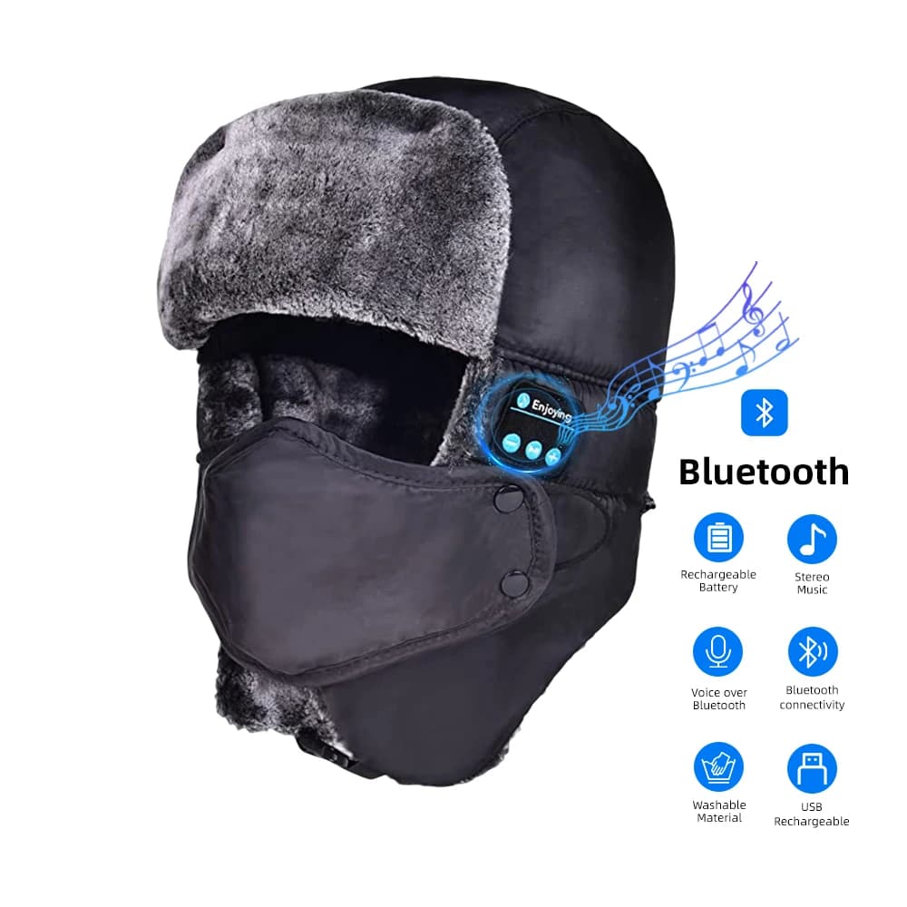 Winter Hat Headphones Bluetooth Ushanka Russian Trapper cap with synthetic fur ear pad with waterproof windproof mask for cold