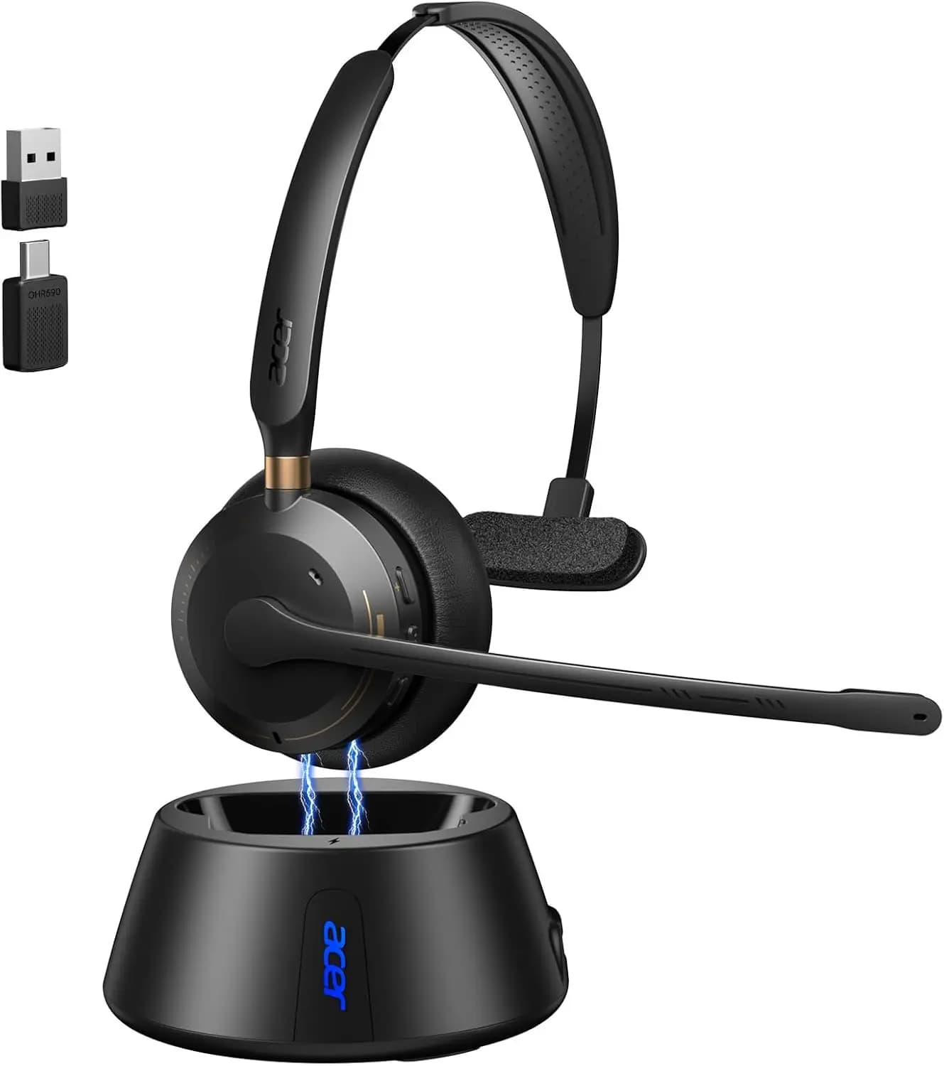 Single Ear Wireless Headset with Mic for Work, Bluetooth 5.3 & USB 2.4G, Charging Stand, 45H Battery, for Zoom/Teams
