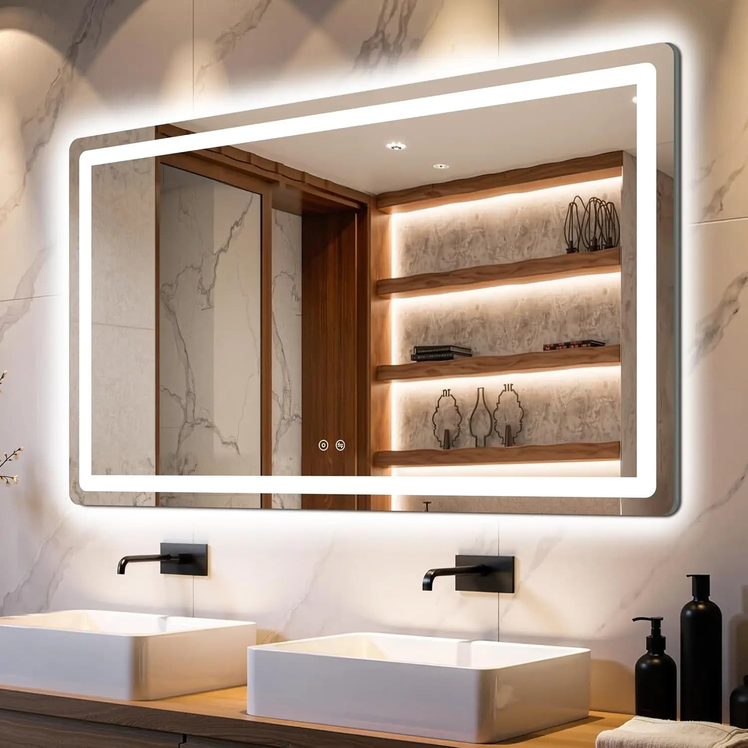 Specchio LED da Bagno con Luci, 30x50 Antiappannamento Dimmerabile con Illuminazione Frontale e Posteriore, Funzione Memoria, Vetro Infrangibile