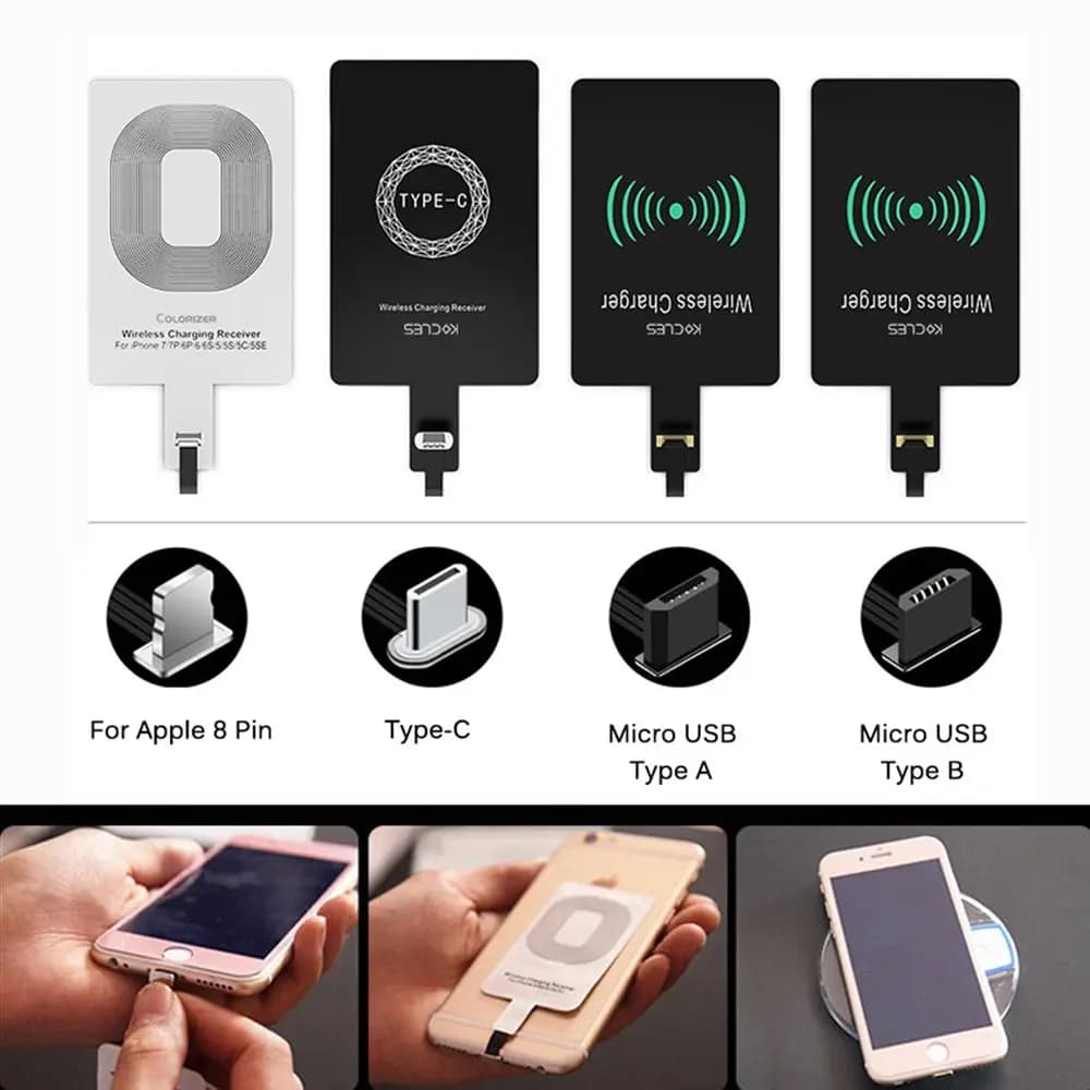 Pad per iPhone 5 5S SE 6 6S 6Plus 7 Plus Adattatore Qi Caricatore di ricarica wireless Ricevitore bobina di ricarica