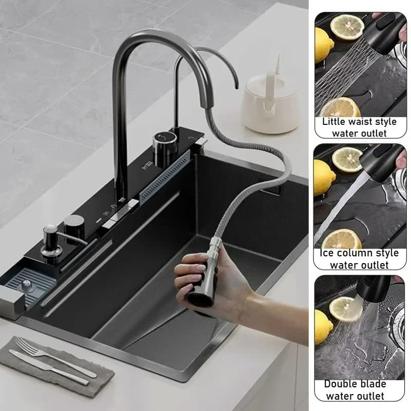 304 Stainless Steel Smart Kitchen Waterfall Sink Multifunctional Digital Display Faucet Soap Dispenser Cup Washer