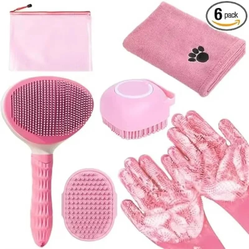 Pet grooming, bath care set, dog and cat brush set with absorbent towel, bath gloves and shampoo brush