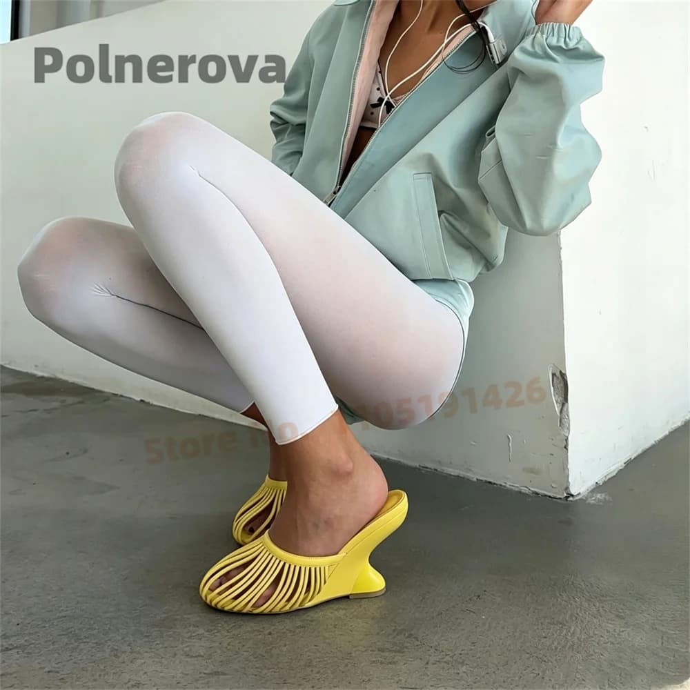 Women's Yellow Leather Cage Wedge Heel Slippers Novelty Strange Style Round Toe Slip On Summer Mules Party Runway Half Shoes