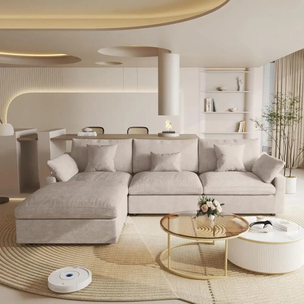 Modular Sectional Sofa, 119.29 L-Shaped, Oversized Down-Filled, 3-Seater with Ottoman, Washable Covers, Khaki