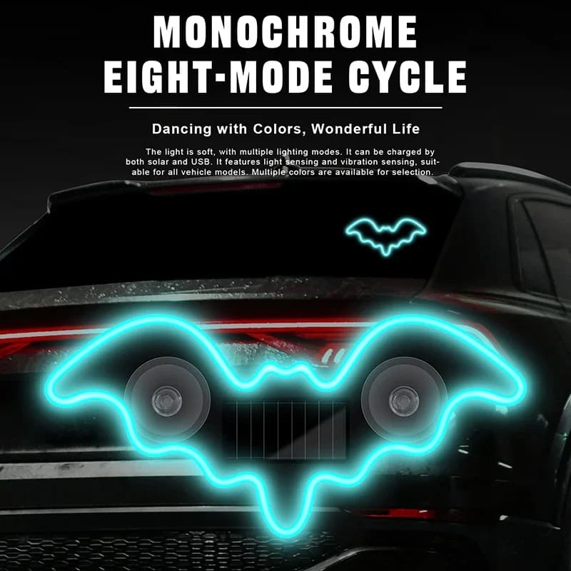 Luce LED RGB a forma di pipistrello per finestrino triangolare dell'auto, luce d'atmosfera solare, decorazione neon senza fili per auto.