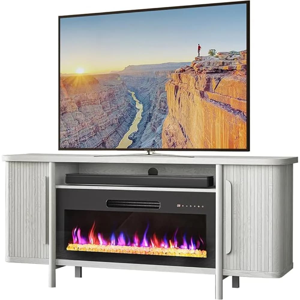 Supporto TV da 66" con stufa elettrica per camino da 36", consolle in legno per TV fino a 75", centro di intrattenimento con spazio di archiviazione, personalizzato