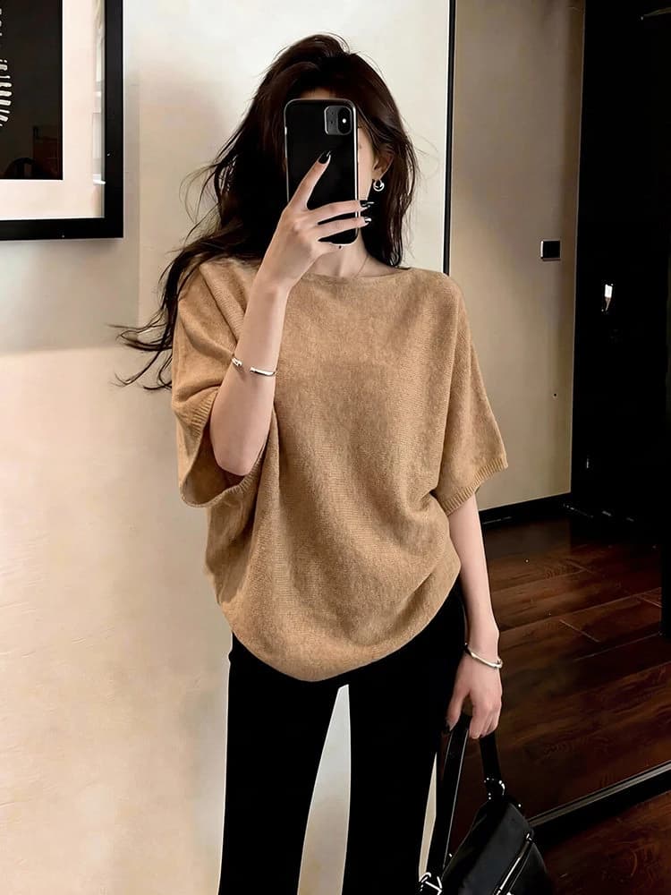 Korean Style Ice Silk Knitted Top Short Sleeve Loose Fit Summer Women's T-Shirt Shoulder Width Regular Length Breathable