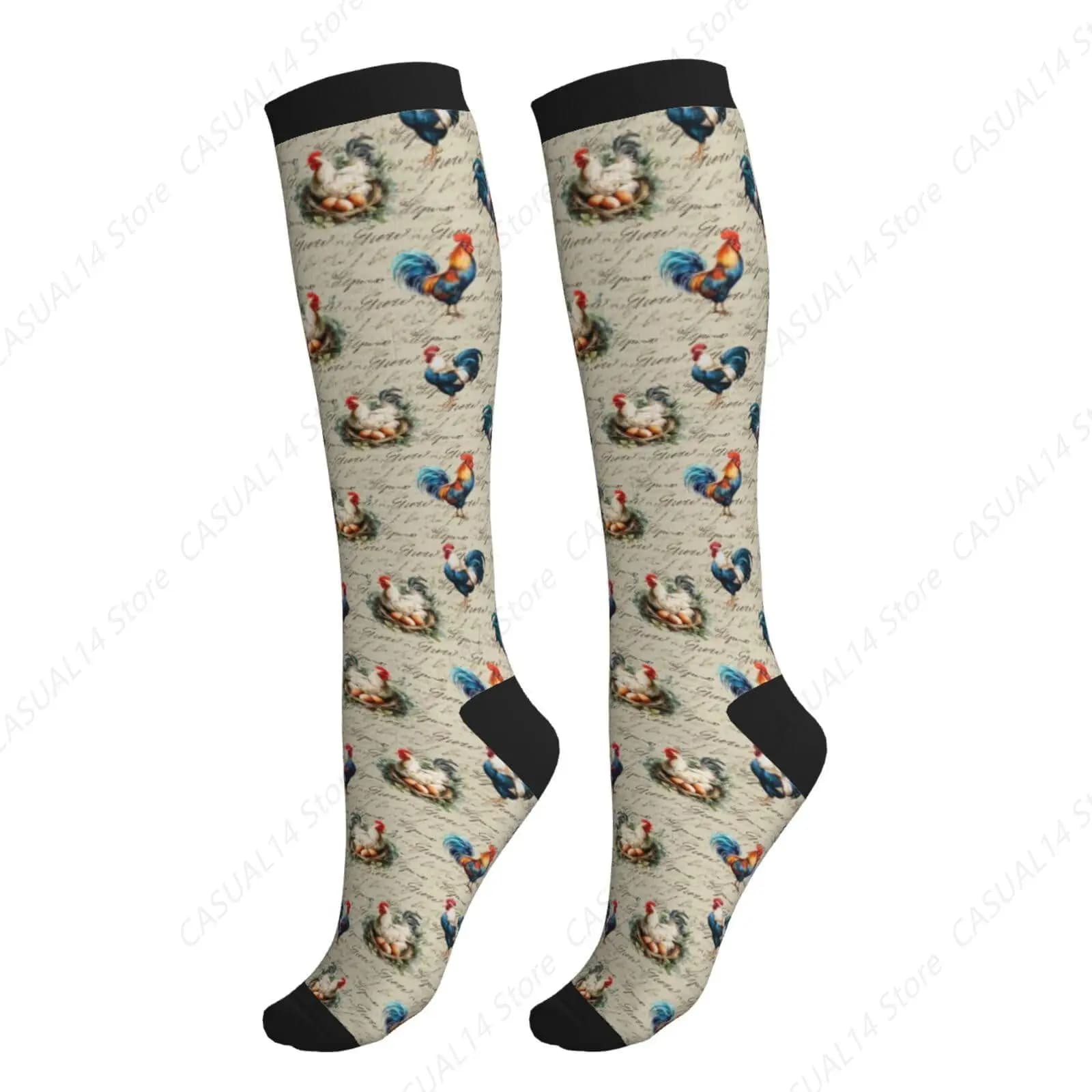 Compression Socks for Farm Rooster High Knee Support Socks for Women Man Circular Socks for Athletic Race