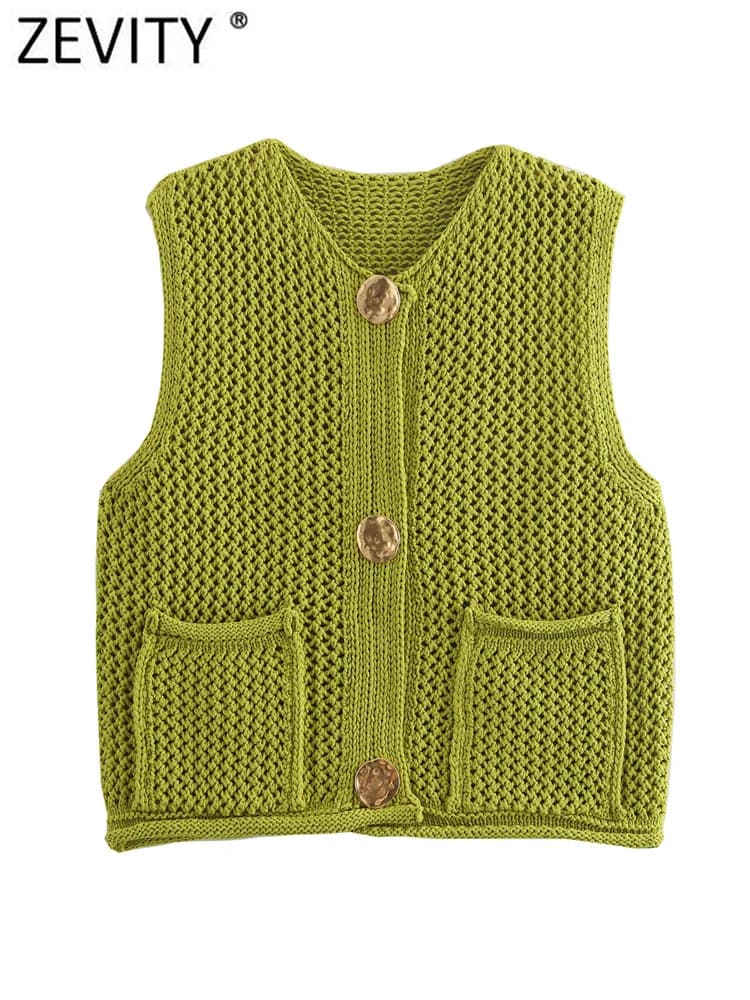 Zevity Women Fashion Sleeveless Coarse Needle Knitting Vest Sweater Female Chic Big Pockets Patch Buttons Cardigan Tops SW6265