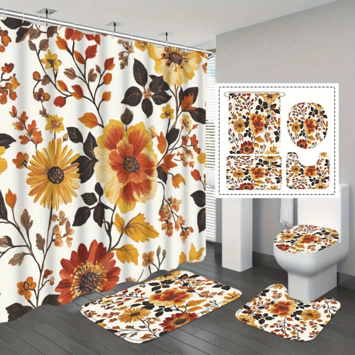 Set da bagno floreale autunnale da 4 pezzi: tappetino da bagno, tappetino a U, copriwater e tenda da doccia con ganci.