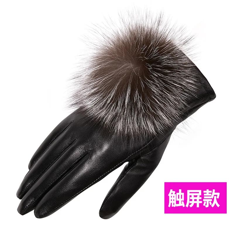 Genuine Leather Gloves for Women, Winter Warm Driving Anti-Slip Sheepskin Gloves with Fox Fur Pom-Poms