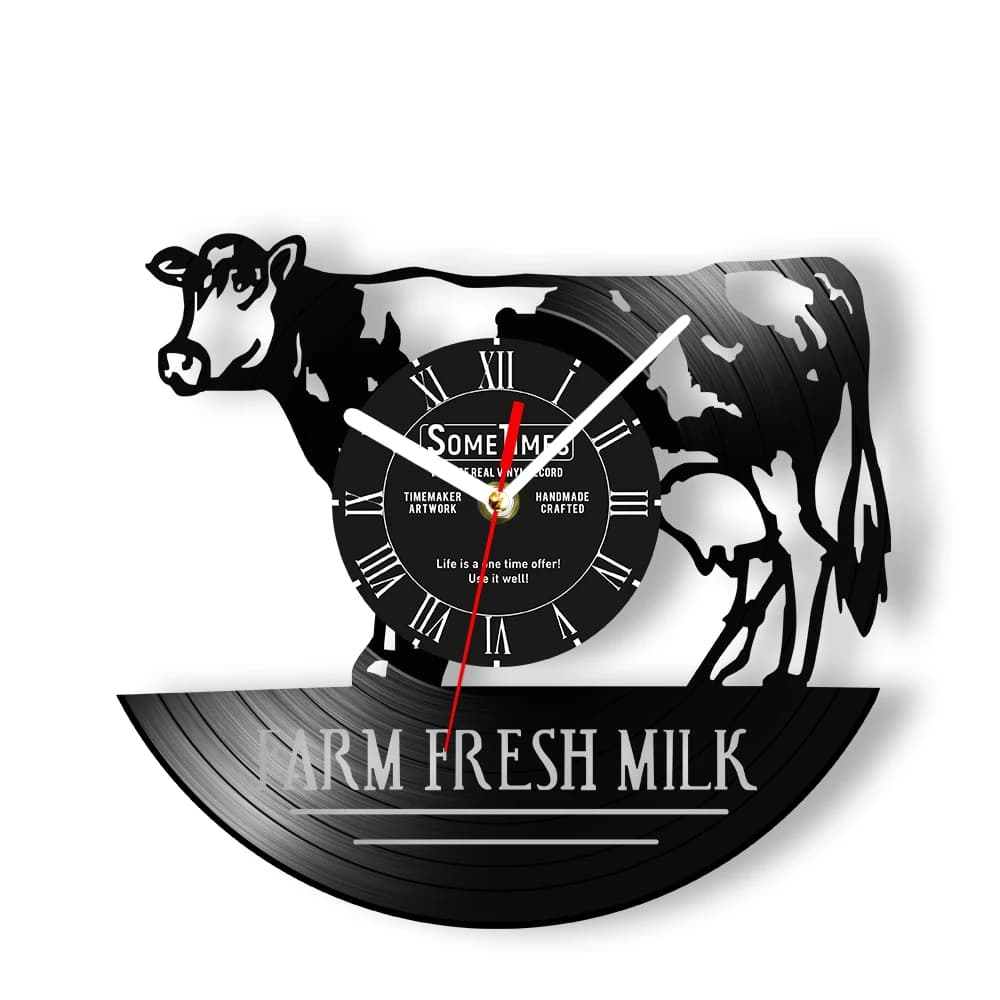 Custom Wall Clock with Fresh Milk Vinyl Disc for Farm Custom Wall Clock for Music Albums with Farmers Market Cow Sign