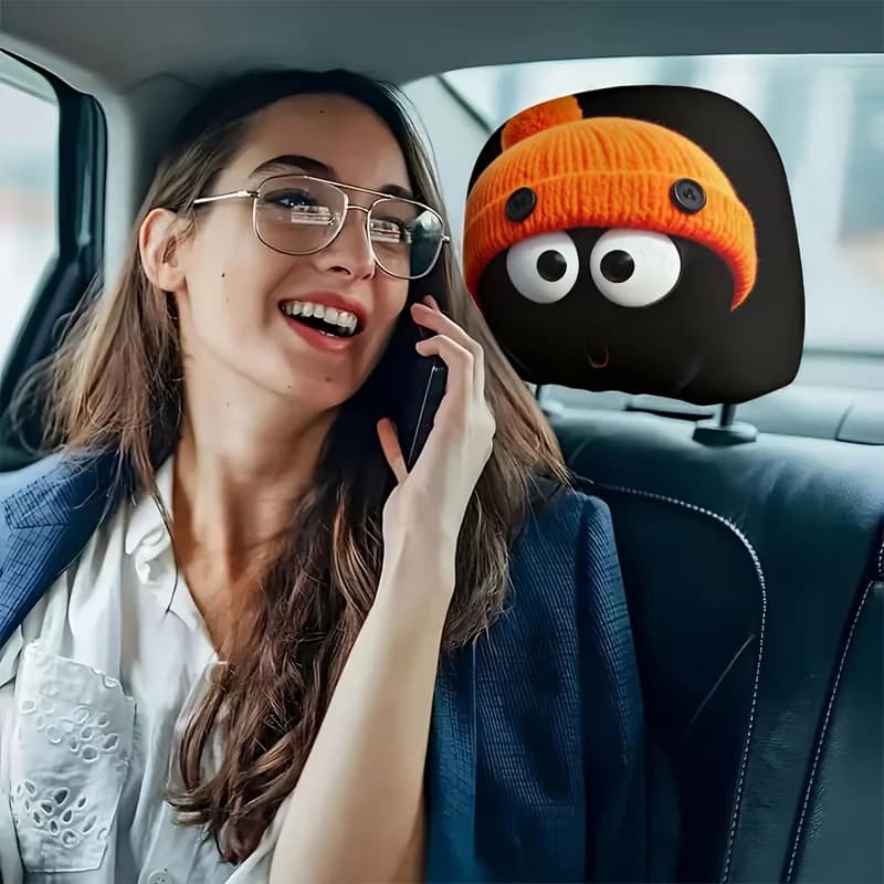 2 Pezzi Copri Poggiatesta Auto Universali in Maglia Arancione Stampata, Decorazione Interna Auto Divertente e Comica in Poliestere, Regalo Pratico per Auto