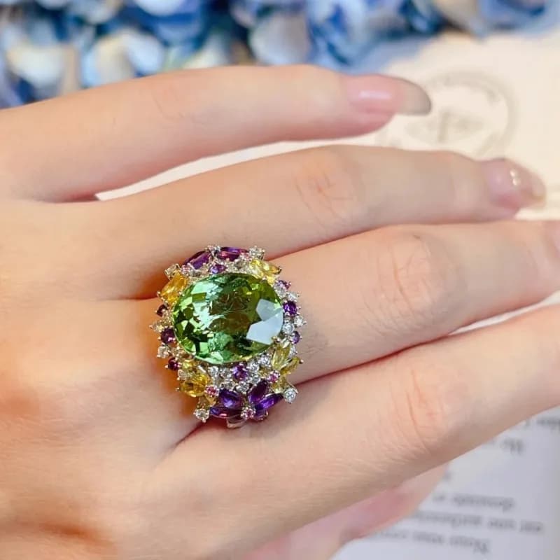 1 Piece of Light Luxury Colored Simulated Gemstone Adjustable Flower Ring Women's Wedding Ring Engagement Birthday Jewelry Gift