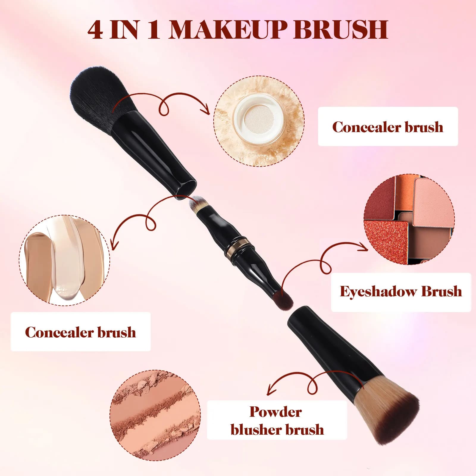 4 in 1 Makeup Brush Double Sided Travel Makeup Face Brush Concealer Foundation Blush Eyeshadow Travel Tool Make Up