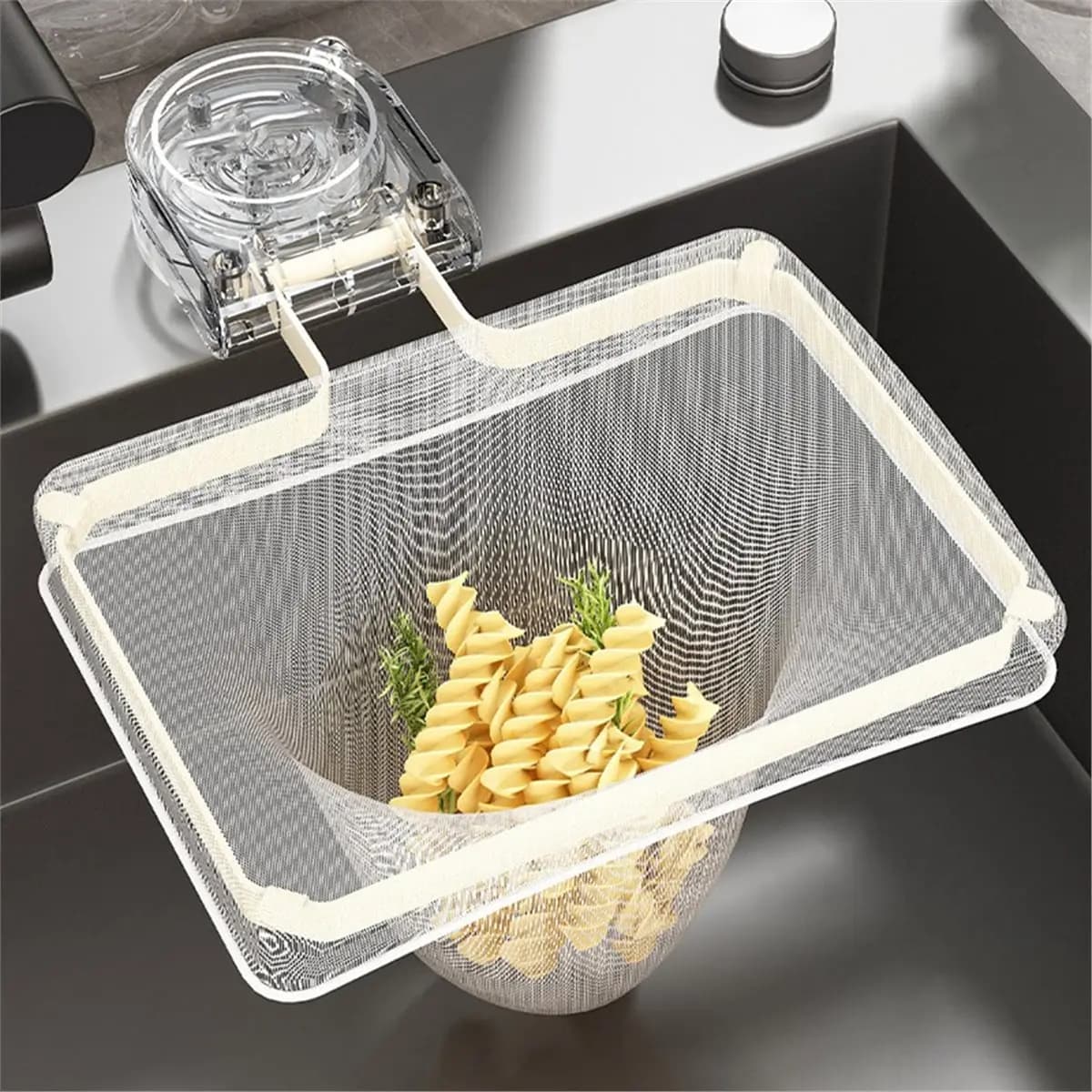 (SPOR) Cestello filtro per lavello con 200 sacchetti filtranti a rete, scolapiatti multifunzione da appendere e raccoglitore pieghevole per rifiuti alimentari per la cucina