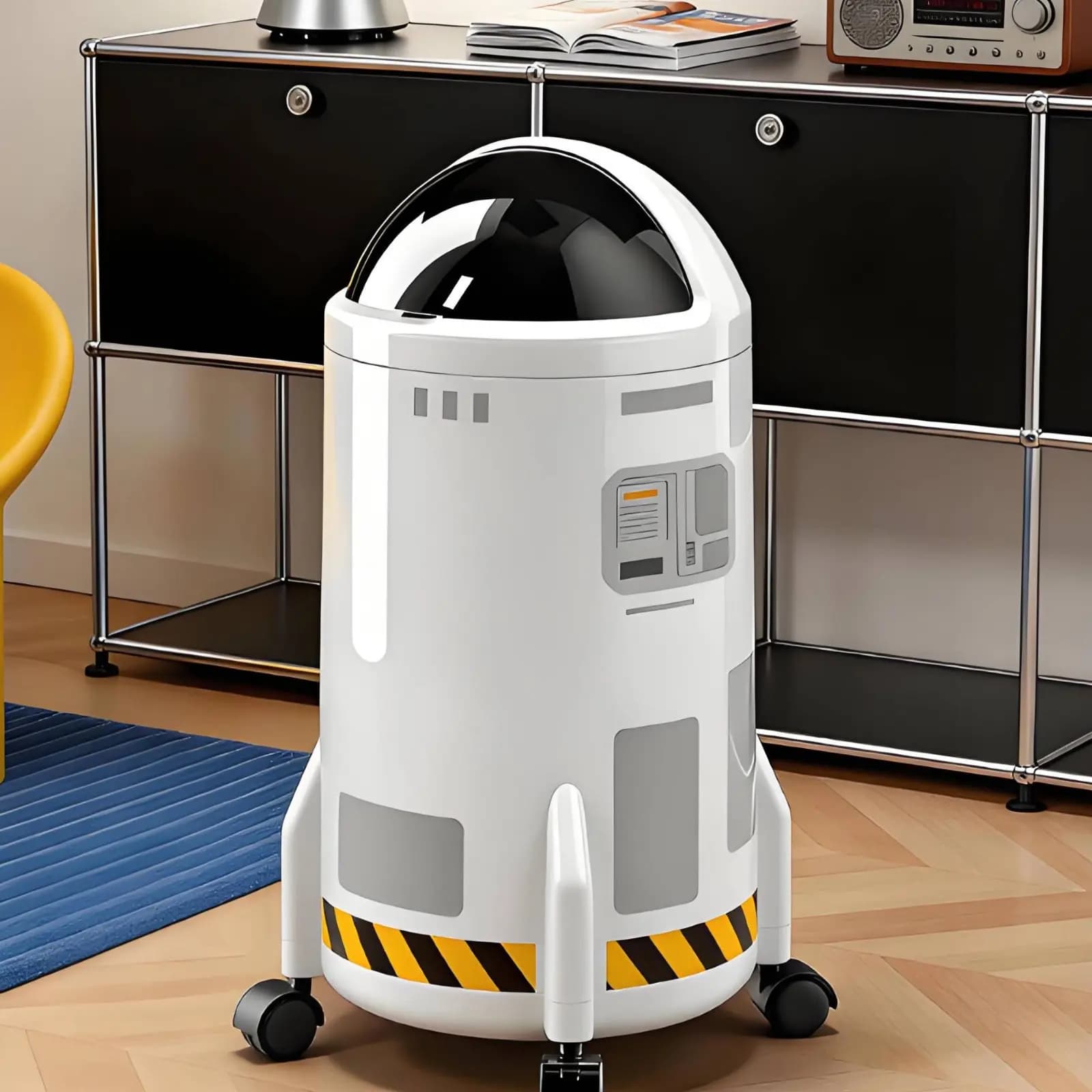 Spaceship Shaped Trash Can Creative Design Hinged Lid Waste Container Lidded Rubbish Container Large Capacity Rolling Garbage