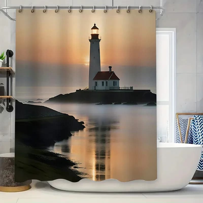 Tenda da doccia faro Scena del tramonto Tappetino da bagno in tessuto impermeabile stampato in 3D Accessori decorativi per la casa per il bagno Nero Bianco