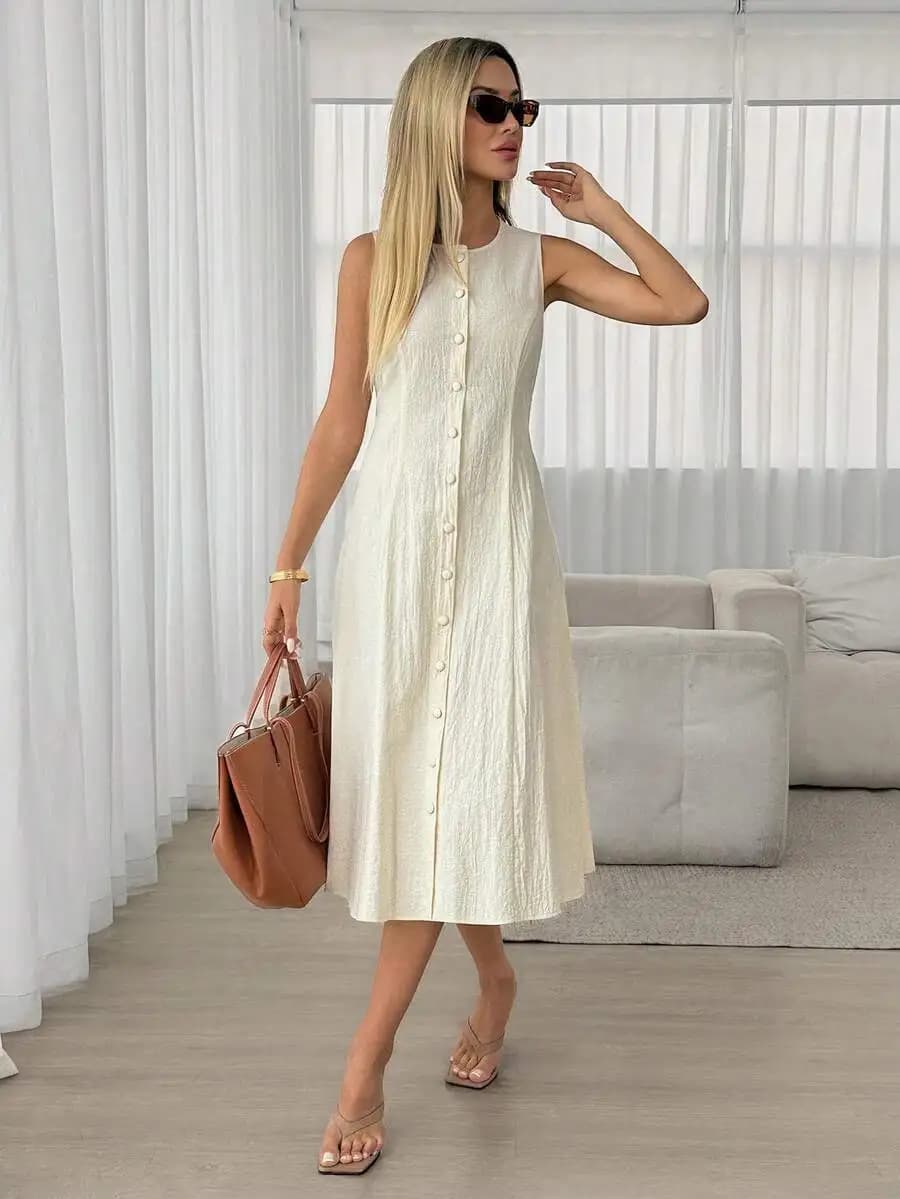 Abito Midi Casual in Cotone Senza Maniche con Bottoni Frontali, Tinta Unita, per Vacanze Estive