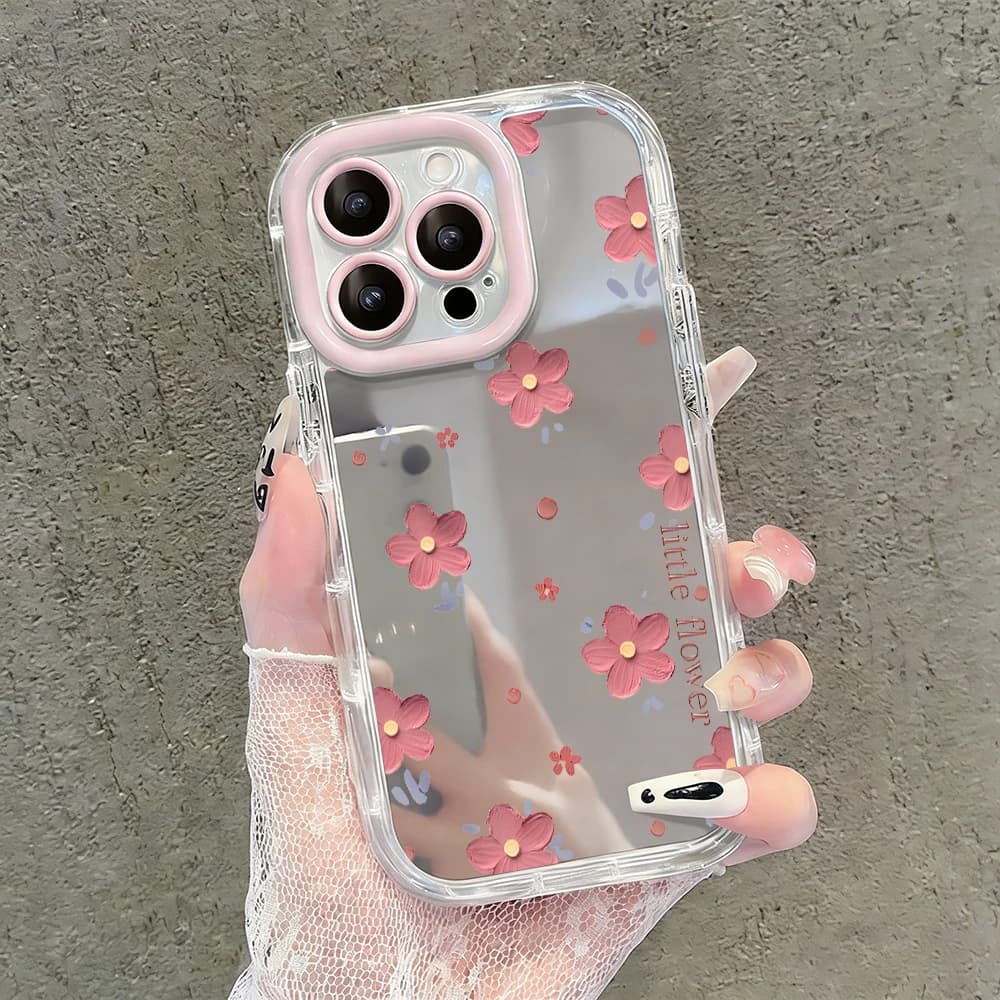 Cover per iPhone 17 15 14 16 Pro Max 13 12 11 Pro X XR XS 7 8 Plus 17Air con Specchio e Cuscino d'Aria, Design Fiori Rosa Dipinti a Olio