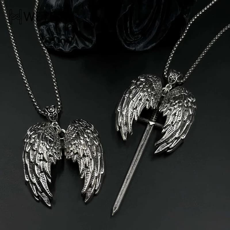 Y2K Gothic Personalized Creative Angel Wings And Sword Pendant Necklace Couple Necklace Suitable For Daily Wear
