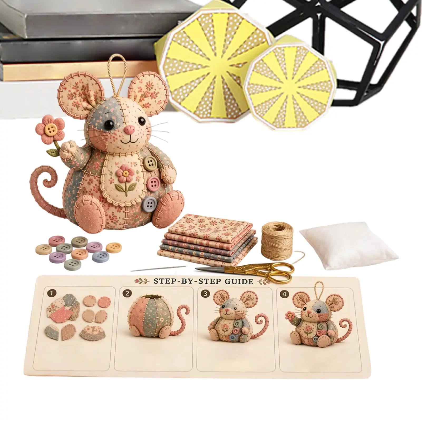 Adorable Patchworks Mouse Figurine DIY Kit Stress Relief Sewing Craft Set with Floral Fabrics Buttons Creative Handmade Decor