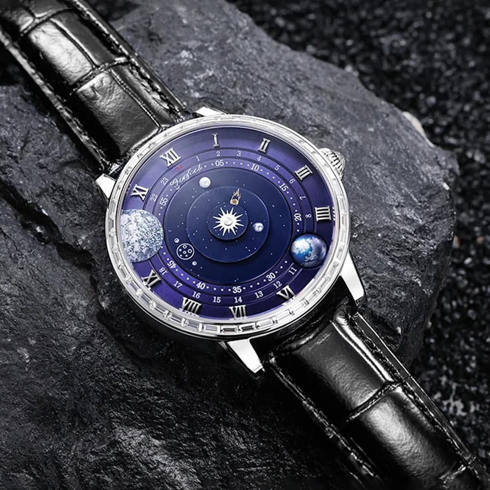 High Gamma Men's Watch with 3D Moon and Earth Dial 42mm, Automatic Movement 8215, Sapphire Glass, 5ATM Waterproof, Bright