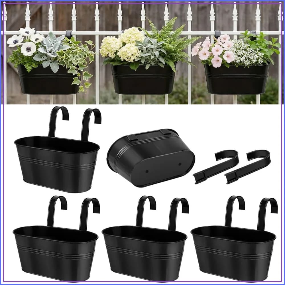 5-Pack Metal Railing Planters for Outdoor Plants, Balcony Hanging Flower Pots with Detachable Hooks & Drain Holes, Oval Bucket Fence Planters for Garden Home Decor