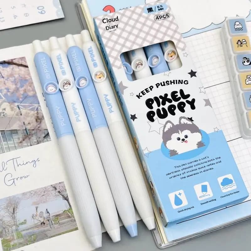4Pcs Kawaii Dog Pattern Gel Pens 0.5mm Quick-Dry Black Ink-Smooth Writing Retractable Pens Student Stationery Gift