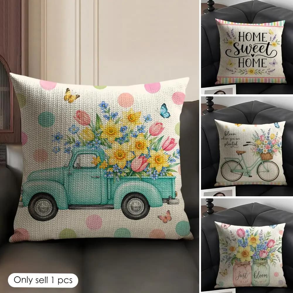 Summer Flowers Cushion Cover Linen Organic Fabric Double-Sided Printing Sofa Breathable Home Decor Gift Pillow Case