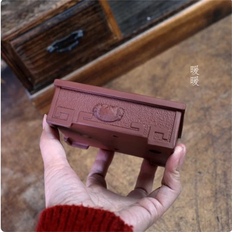 Ceramic Crab‌ Carved Rectangle Bonsai Pot, Red clay, inner size 10*8cm,Office Table, Crab Pattern,Garden, Home Decoration