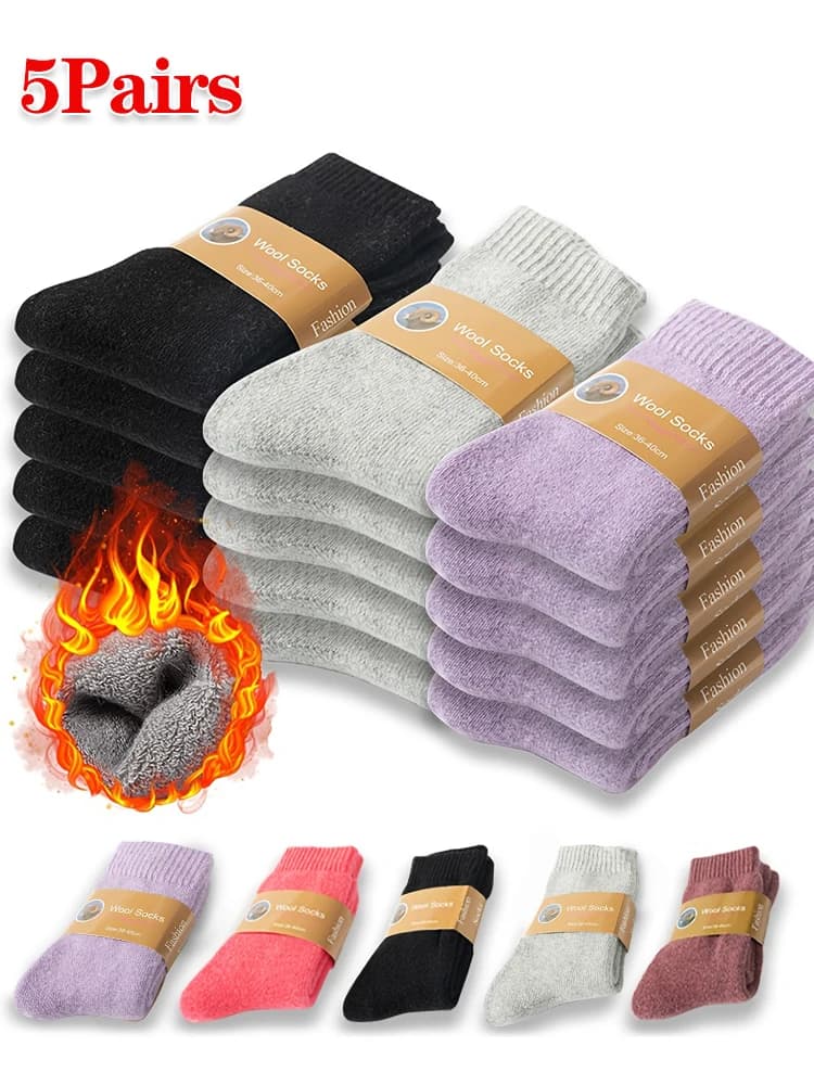 5Pairs Merino Wool Boot Hiking Socks for Women Warm Winter Thick Thermal Cozy Work Soft Ladies Socks or Wearing At Home.