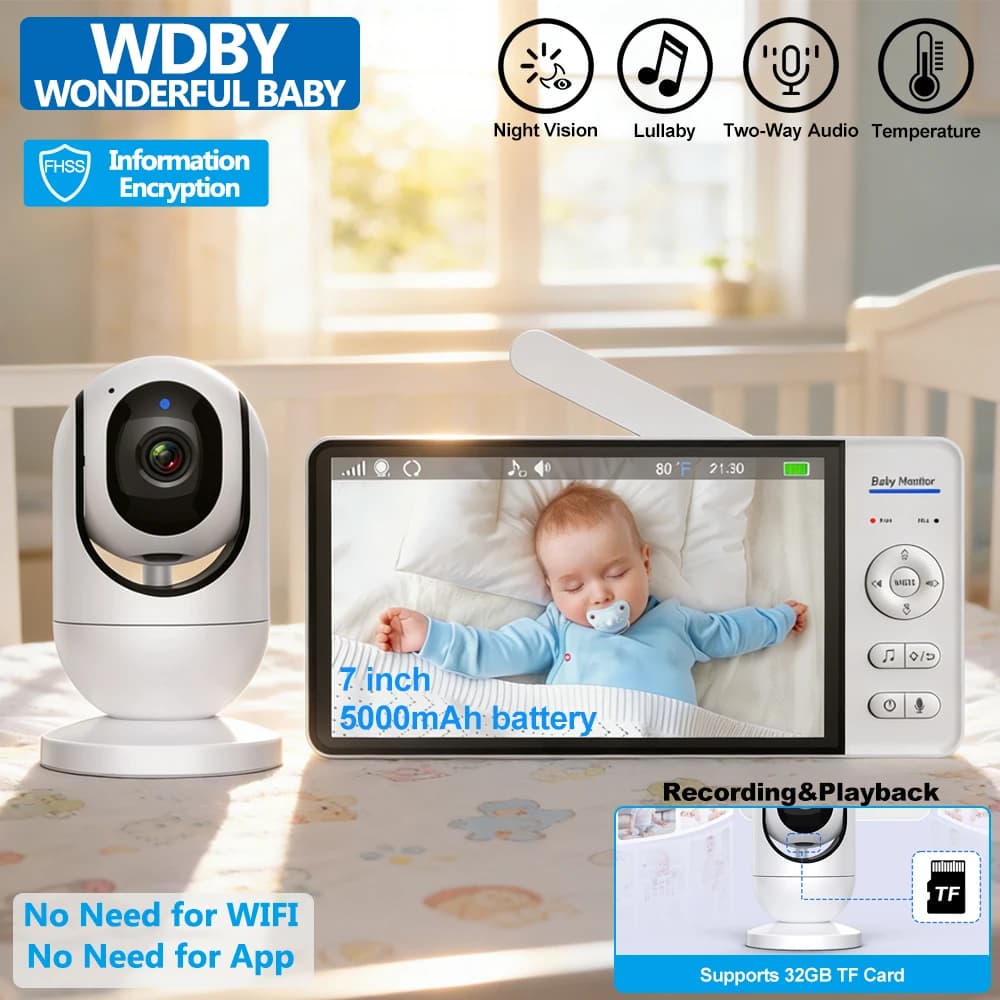 Baby monitor video da 7 pollici con fotocamera Sensore di temperatura batteria ricaricabile da 5000 mAh Babyphone wireless 2.4G per la sicurezza domestica