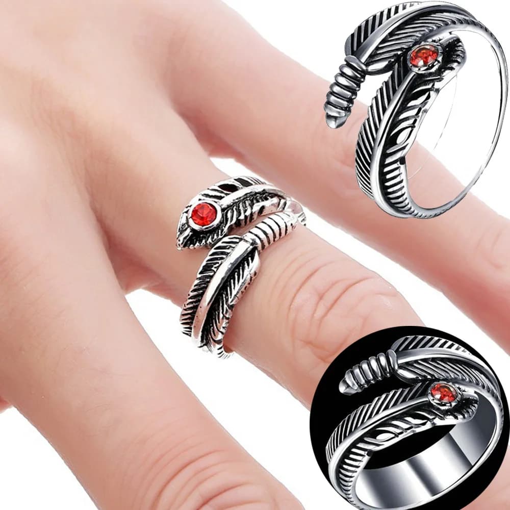 Anello di Promessa in Argento Placcato Rame con Pietra Naturale Rossa e Piuma, Gioiello da Dito alla Moda per Uomo e Donna, Spedizione Diretta