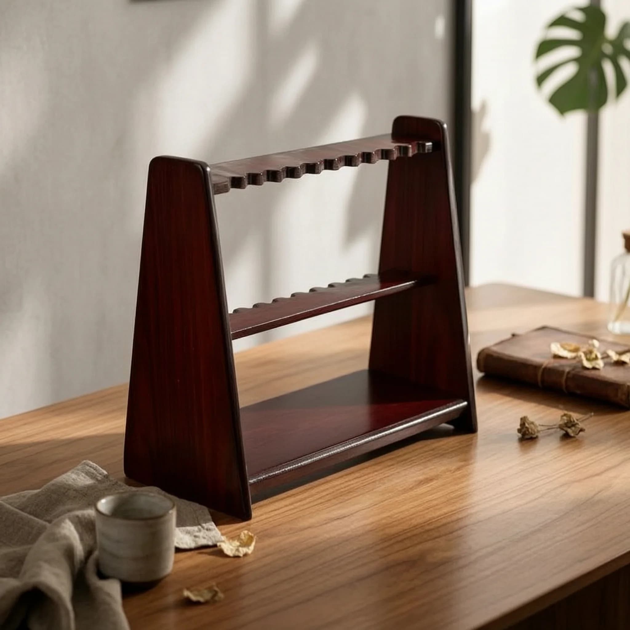 Floor-Standing Cue Rack Lower Shelf Wood Cue Rack Pool Stick Holder Rounded Corners Game Room Storage Trapezoid Profile