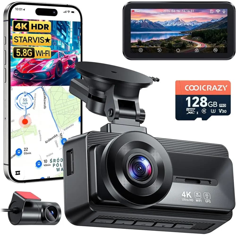 Dash Cam Dual 4K con Sensore STARVIS, Scheda da 128GB, WiFi 5GHz, GPS, G-Sensor, Visione Notturna, Monitoraggio Parcheggio 24H
