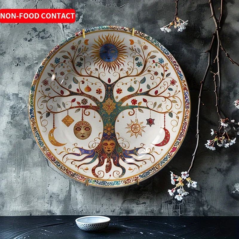 1pc Art Deco Ceramic Decorative Plate - Natural Landscape Tree & Sun Design, Round Non-Food Contact Home Wall & Tabletop Decor
